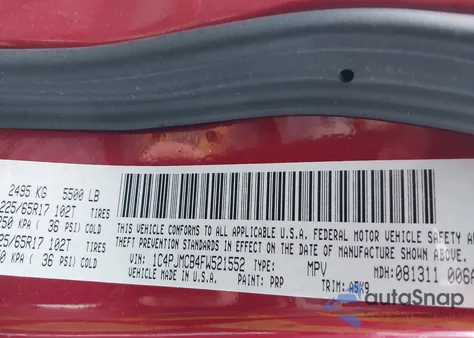 2015 Jeep Cherokee Latitude из США, поврежденный, VIN 1C4PJMCB4FW521552